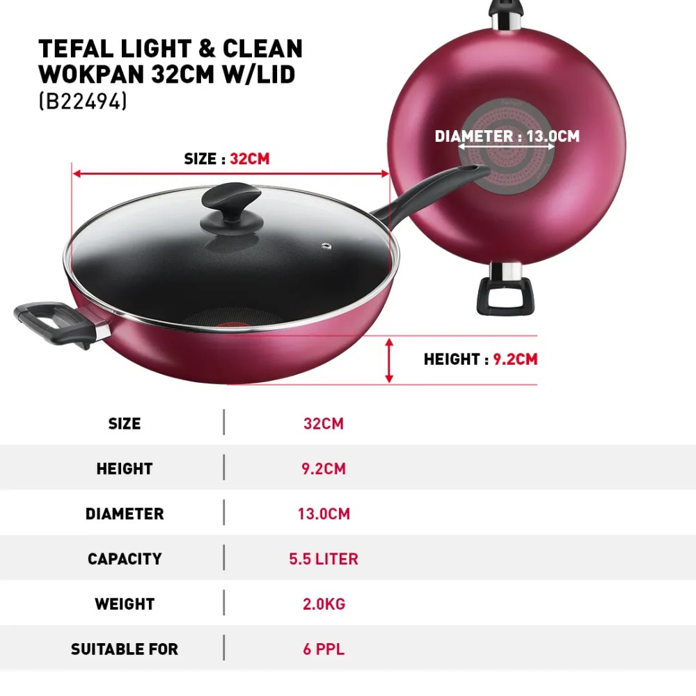 Tefal Light & Clean Wokpan with Lid 32cm | Non-stick Cookware | B22494