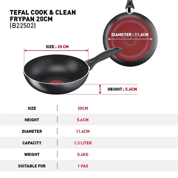 Tefal Cook & Clean Frypan 20cm | Non-stick Cookware | B22502