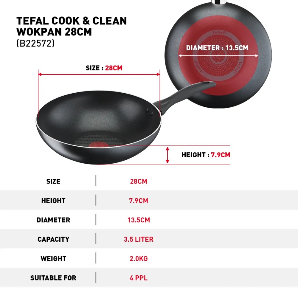 Tefal Cook & Clean 4pc Set (Saucepan W/Lid 16cm + WokPan 28cm + Spatula) | B225S4