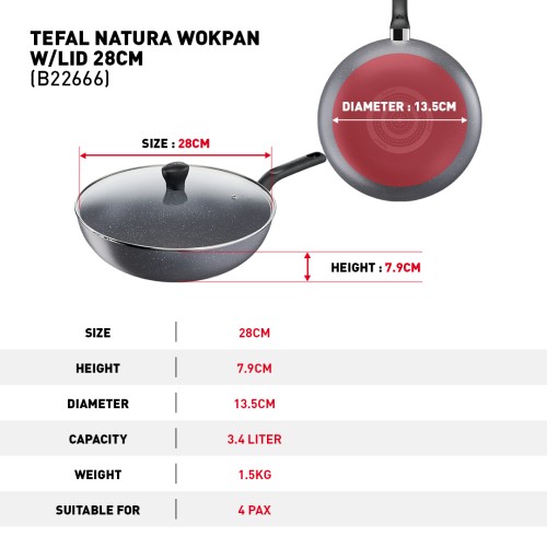 Tefal Natura Wokpan with Lid 28cm | Non-stick Cookware | B22692