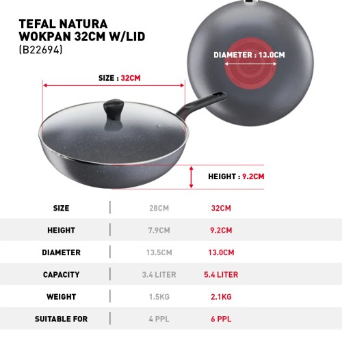 Tefal Natura Wokpan with Lid 32cm | Non-stick Cookware | B22694