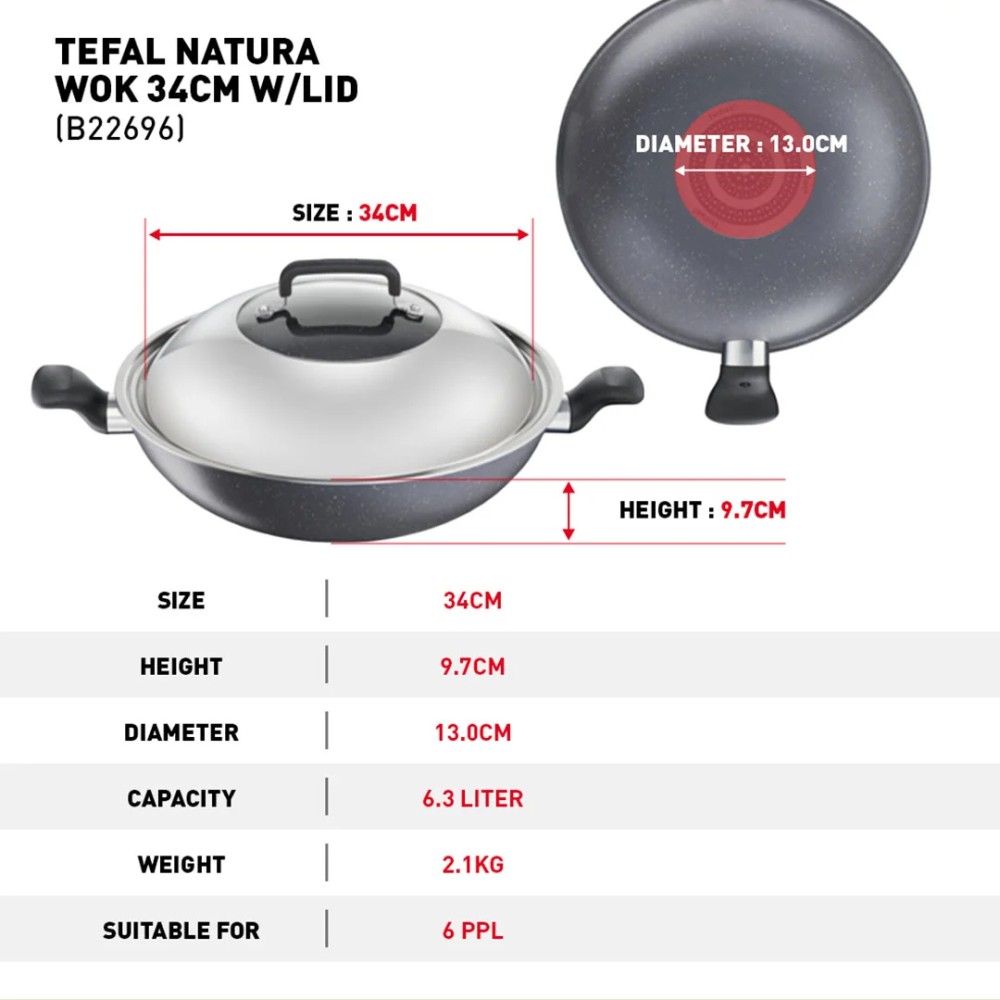 Tefal Natura Wok with Lid 34cm | Non-stick Cookware | B22696