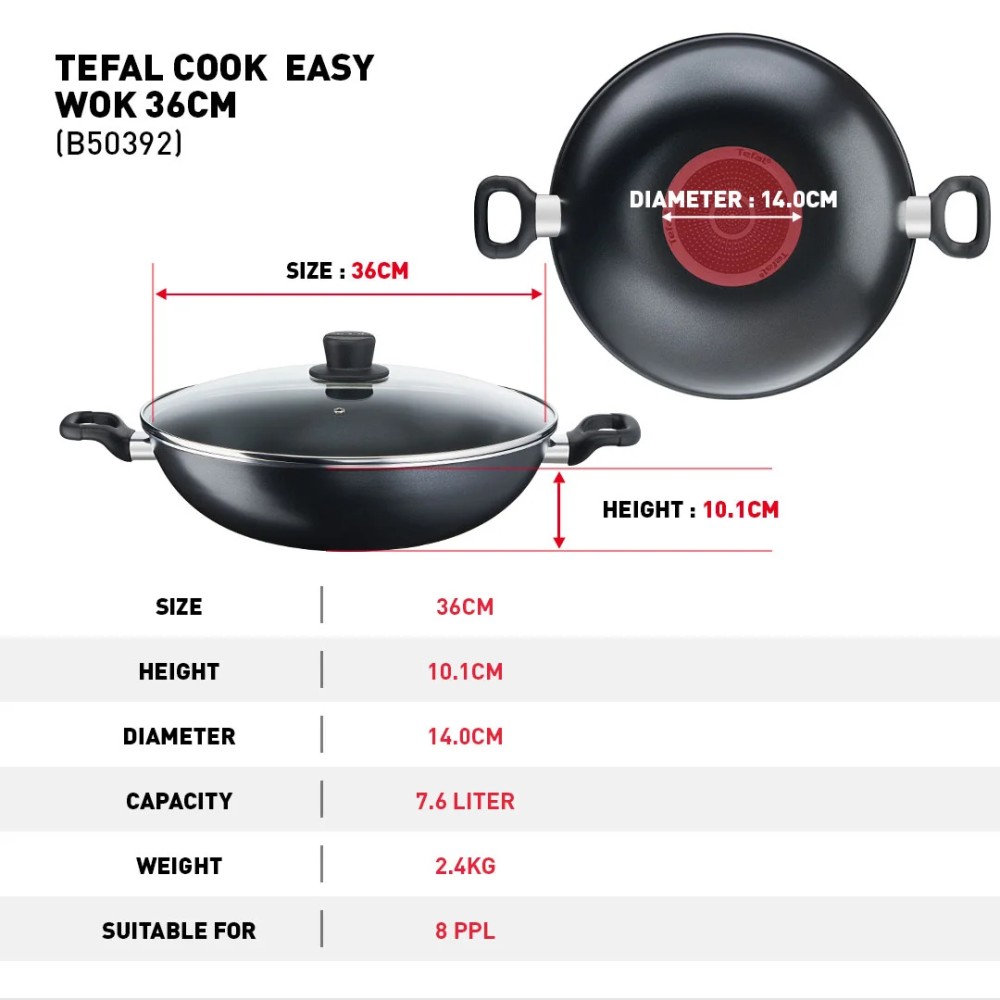 Tefal Cook Easy Wok with Lid 36cm | Non-stick Cookware | B50392