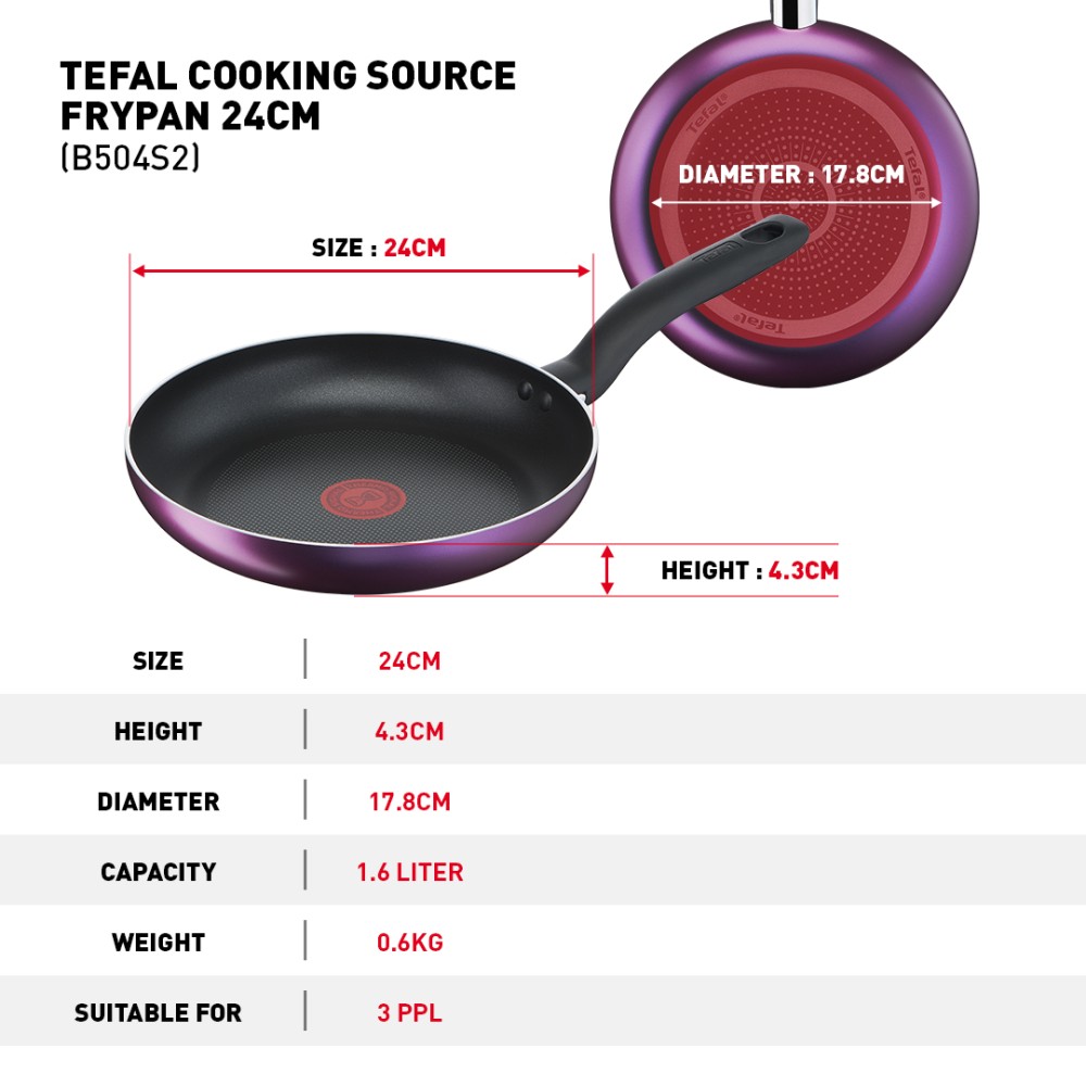 Tefal Cooking Source 3pc Set (Frypan 24cm + Saucepan 18cm + Lid 18cm) | B504S2