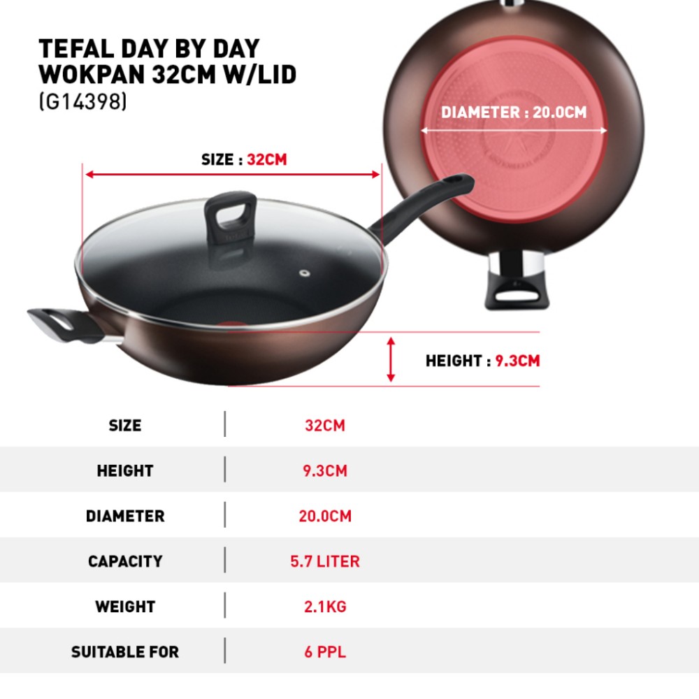 Tefal Day By Day Wokpan with Lid 32cm (Induction Base) | Non-stick Cookware | G14398
