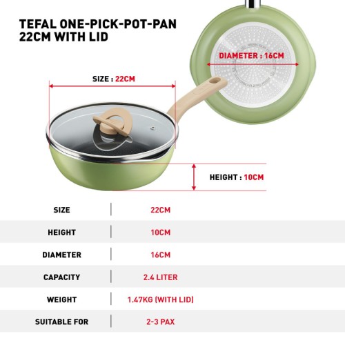Tefal One Pick Pot Pan 22cm Deep Pan with Glass Lid (Green) | G16525