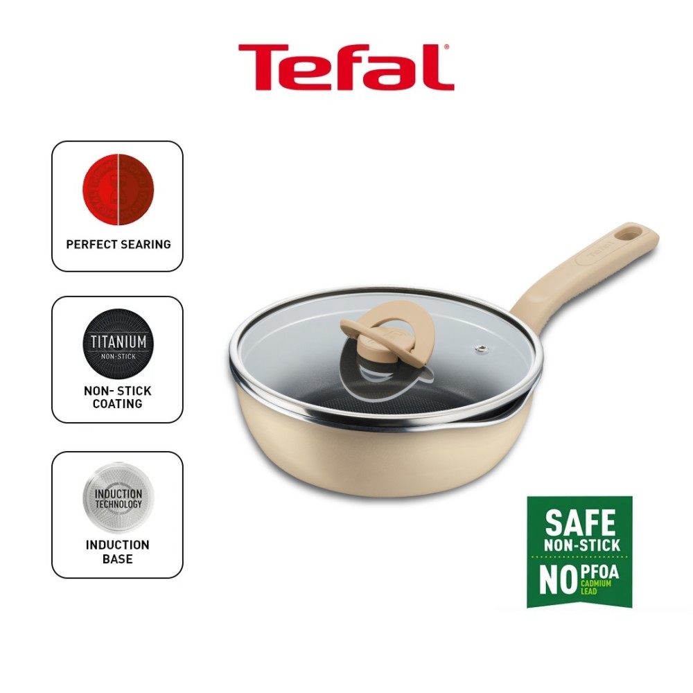 Tefal One Pick Pot Pan 22cm Deep Pan with Glass Lid (Beige) | G16725 |  BANHUAT.COM