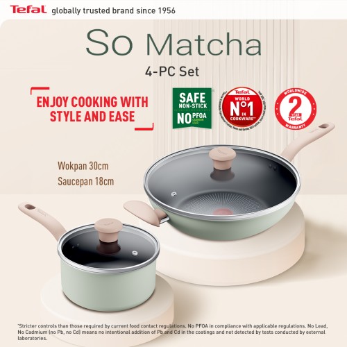 Tefal So Matcha 4pc Set (Wokpan with Lid 30cm+ Saucepan with Lid 18cm) | G179S4