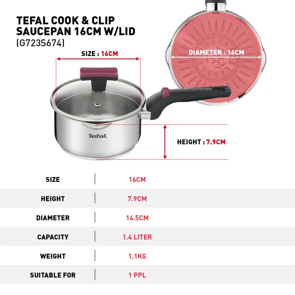 Tefal Cook & Clip 6-Piece Set (Saucepan w/Lid 16cm+ Stewpot w/Lid 20cm & 24cm) | G723S6