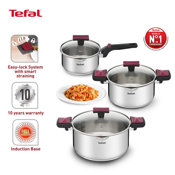 Tefal Cook & Clip 6-Piece Set (Saucepan w/Lid 16cm+ Stewpot w/Lid 20cm & 24cm) | G723S6