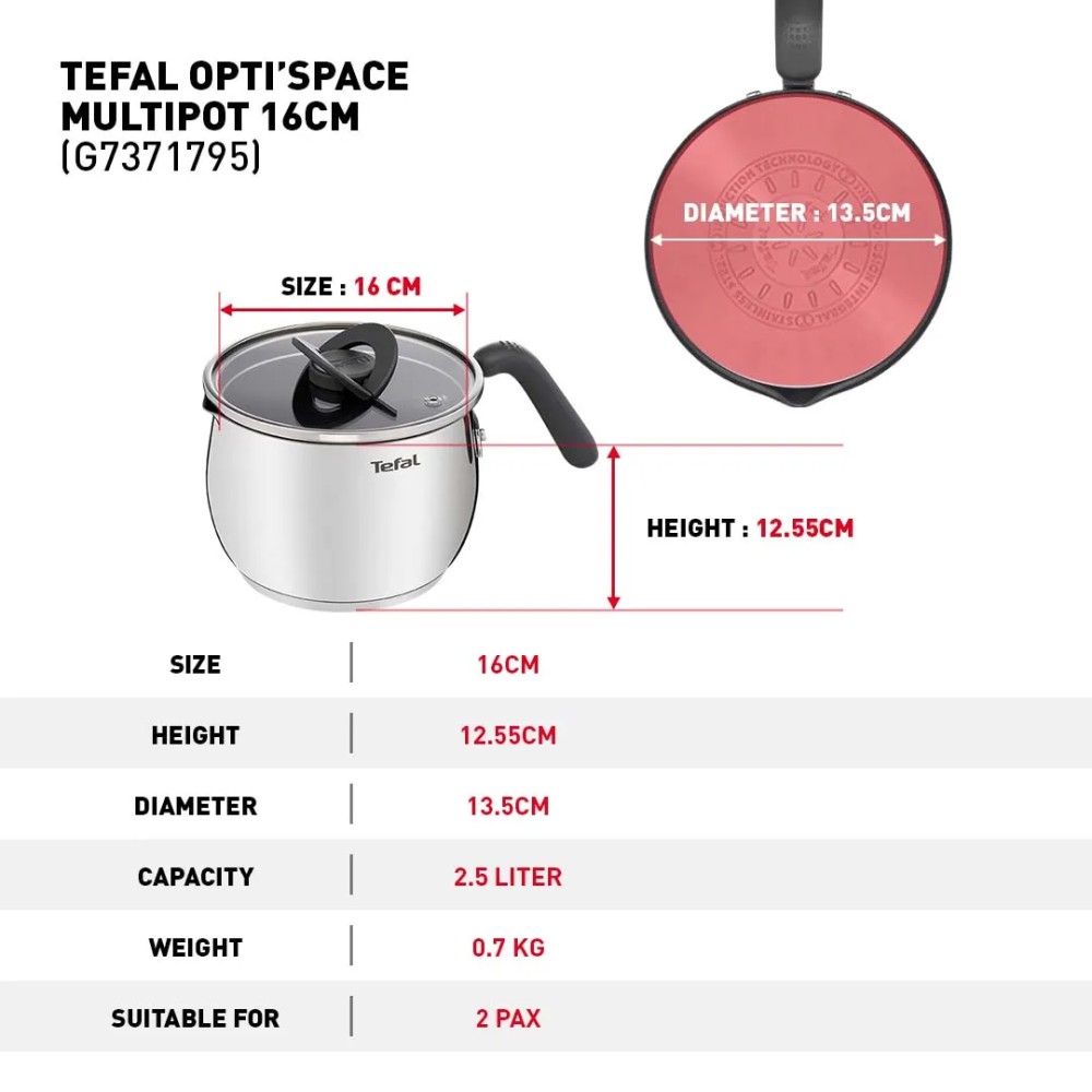 Tefal Opti'Space Multipot with Lid 16cm | Non-stick Cookware | G73717