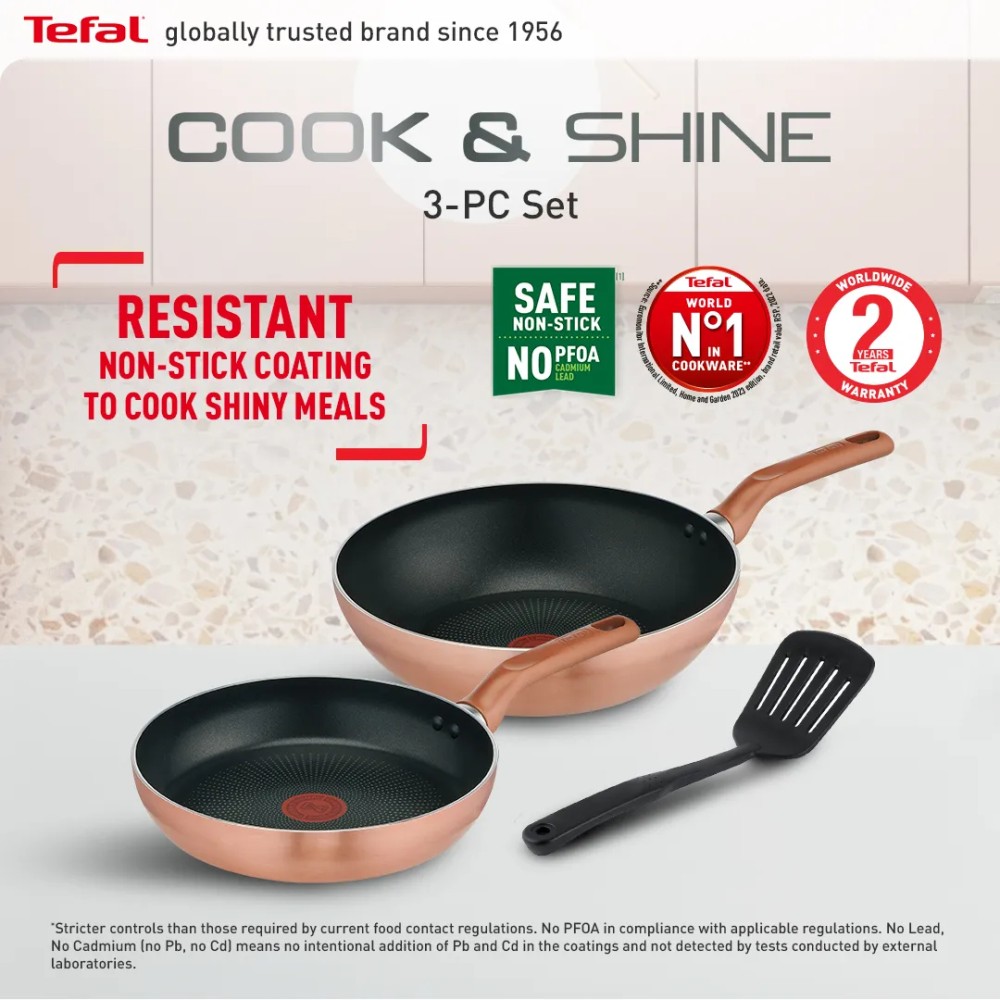 Tefal Cook & Shine 3pc Set (Wokpan 28cm + Frypan 24cm + Slotted Spatula) | G808S3