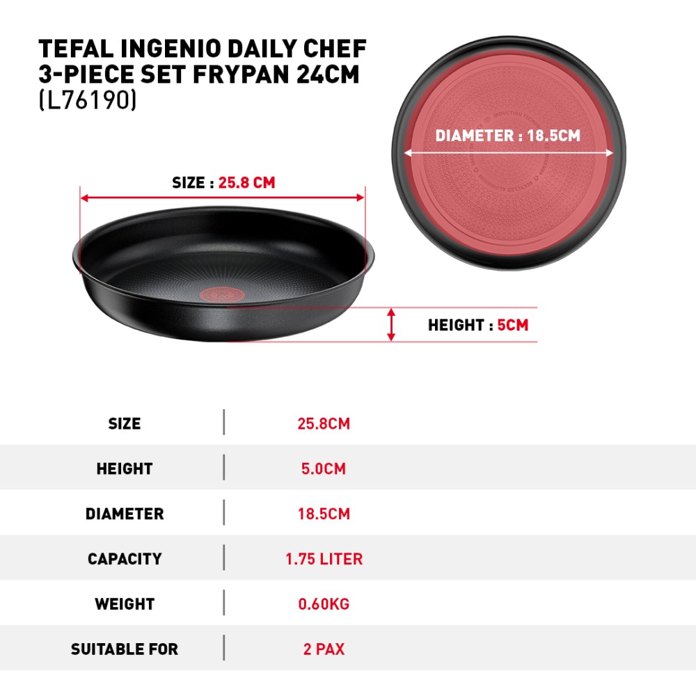 Tefal Ingenio Daily Chef 3-Piece Set (24cm FryPan & 26cm Wokpan with Ingenio Handle L9863022) | L7619022
