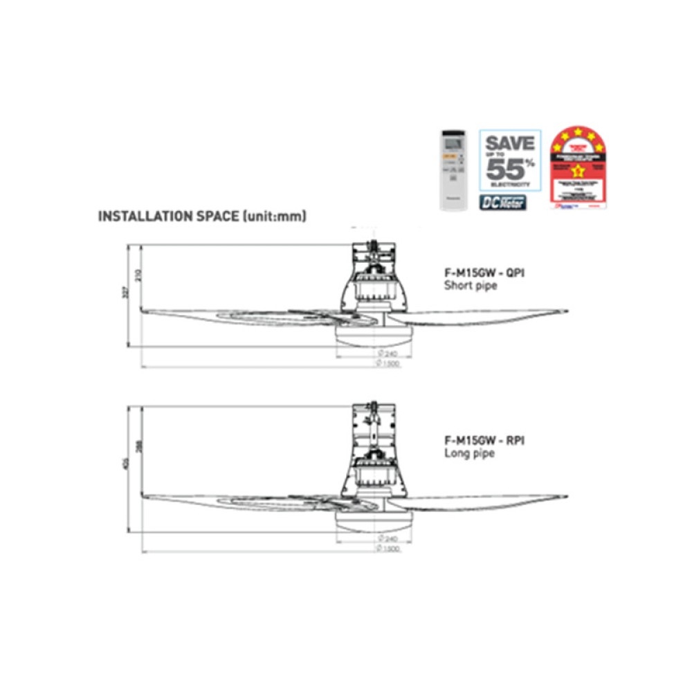 Panasonic 60" 5 Blades LED Ceiling Fan (Short Pipe) | F-M15GWVBSQH