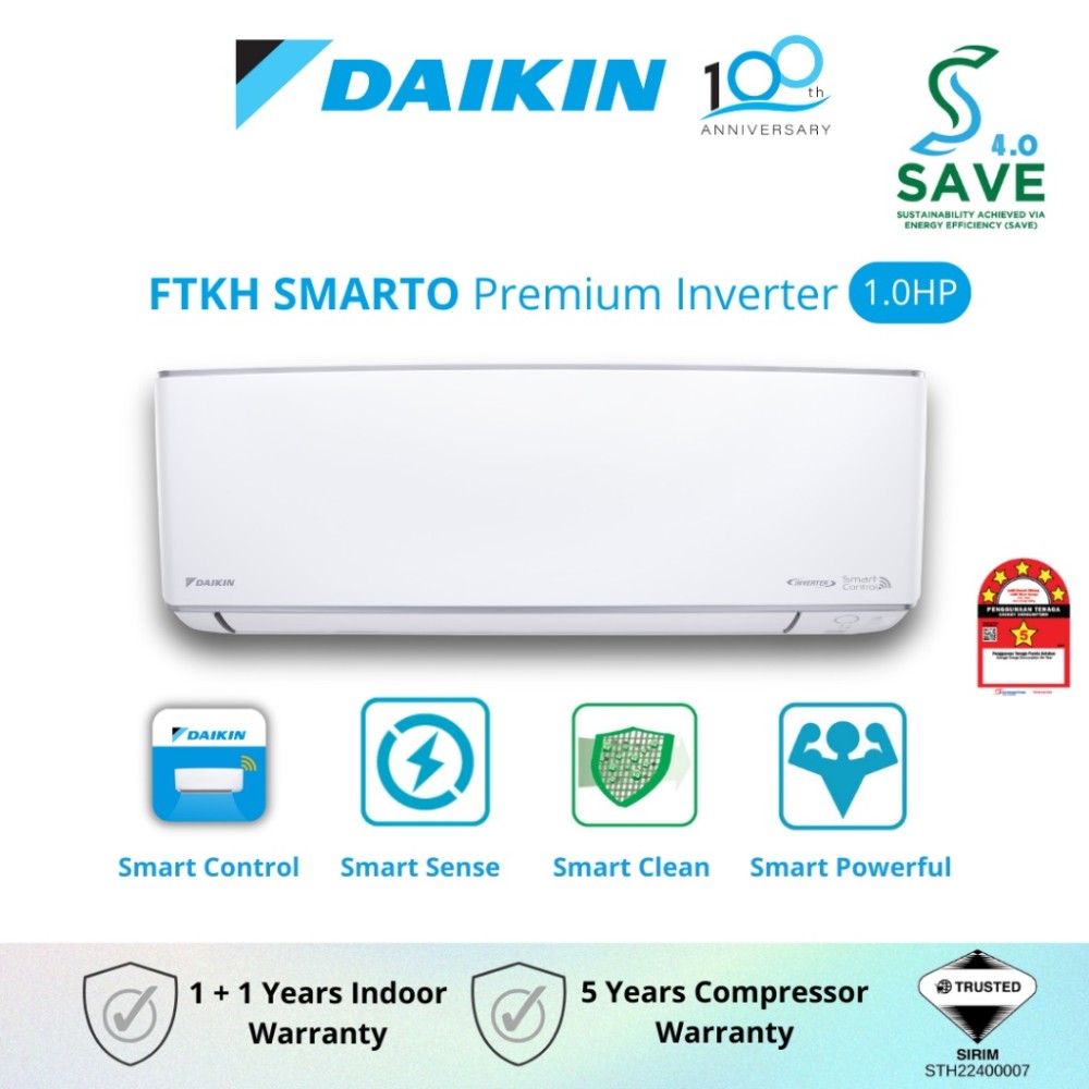 DAIKIN Smarto Premium Inverter Air Conditioner FTKH R32 (1.0HP) FTKH28B/RKU28B-3WMY-LF | Built In Wifi