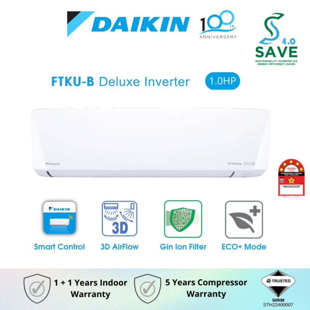 DAIKIN Deluxe Inverter Air Conditioner FTKF R32 (1.0HP) FTKU28B/RKU28B-3WMY-LF | Built In WiFi