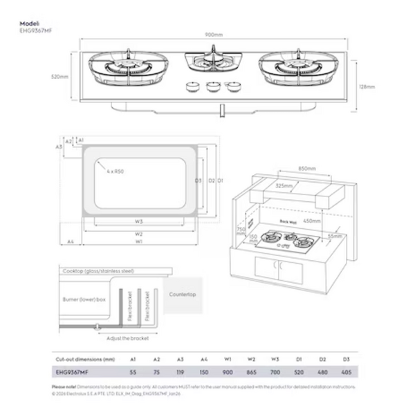 ELECTROLUX 90CM ULTIMATETASTE 700 BUILT-IN GAS HOB WITH 3 BURNER - BLACK GLASS | EHG9367MF