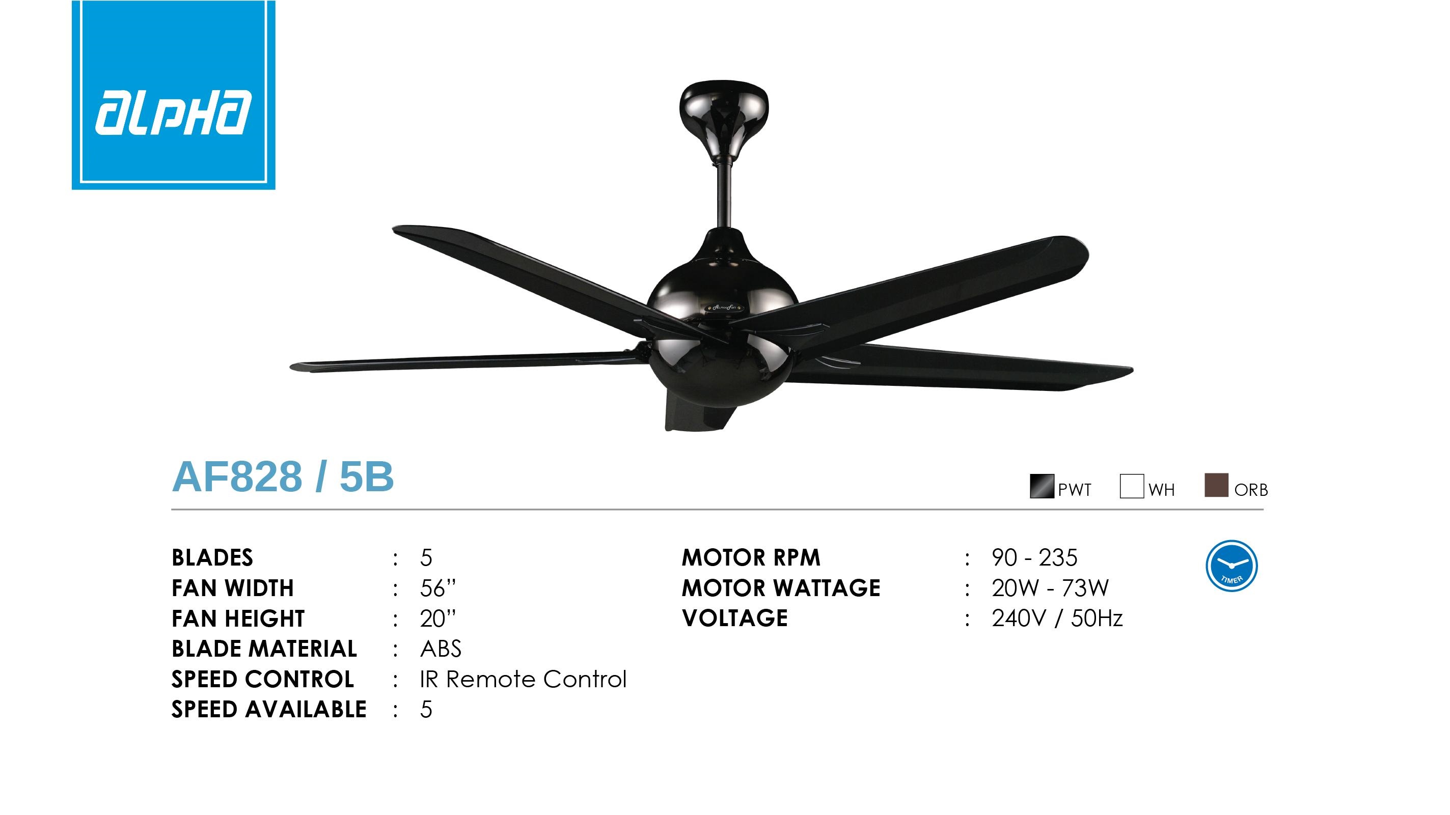 Alpha 56 5 Blades Ceiling Fan With Remote Control Black Af828