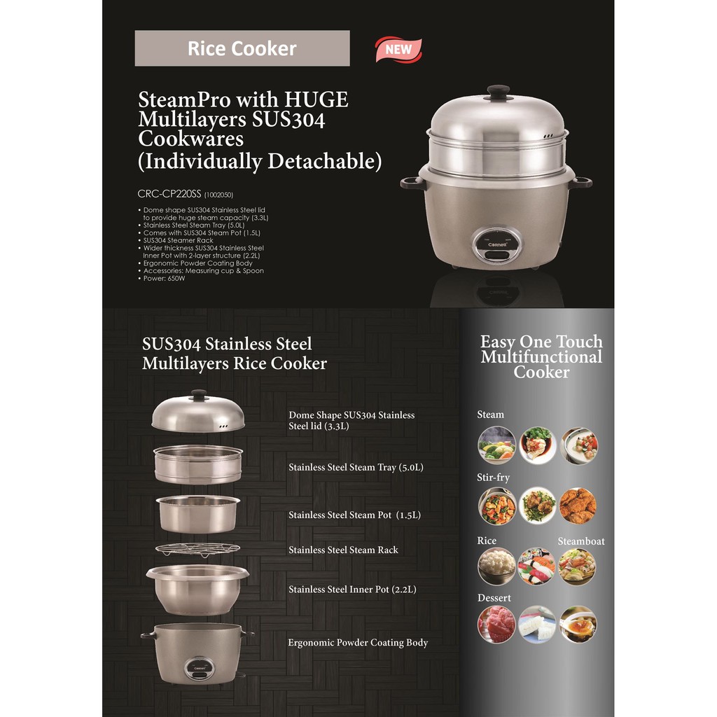 Cornell SteamPro with Huge Multilayers SUS304 Cookwares Individually Detachable Rice Cooker CRC CP220SS BANHUAT.COM